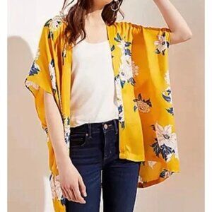 ANN TAYLOR LOFT Kimono Cardigan Sheer Open Front  Yellow Floral M/L